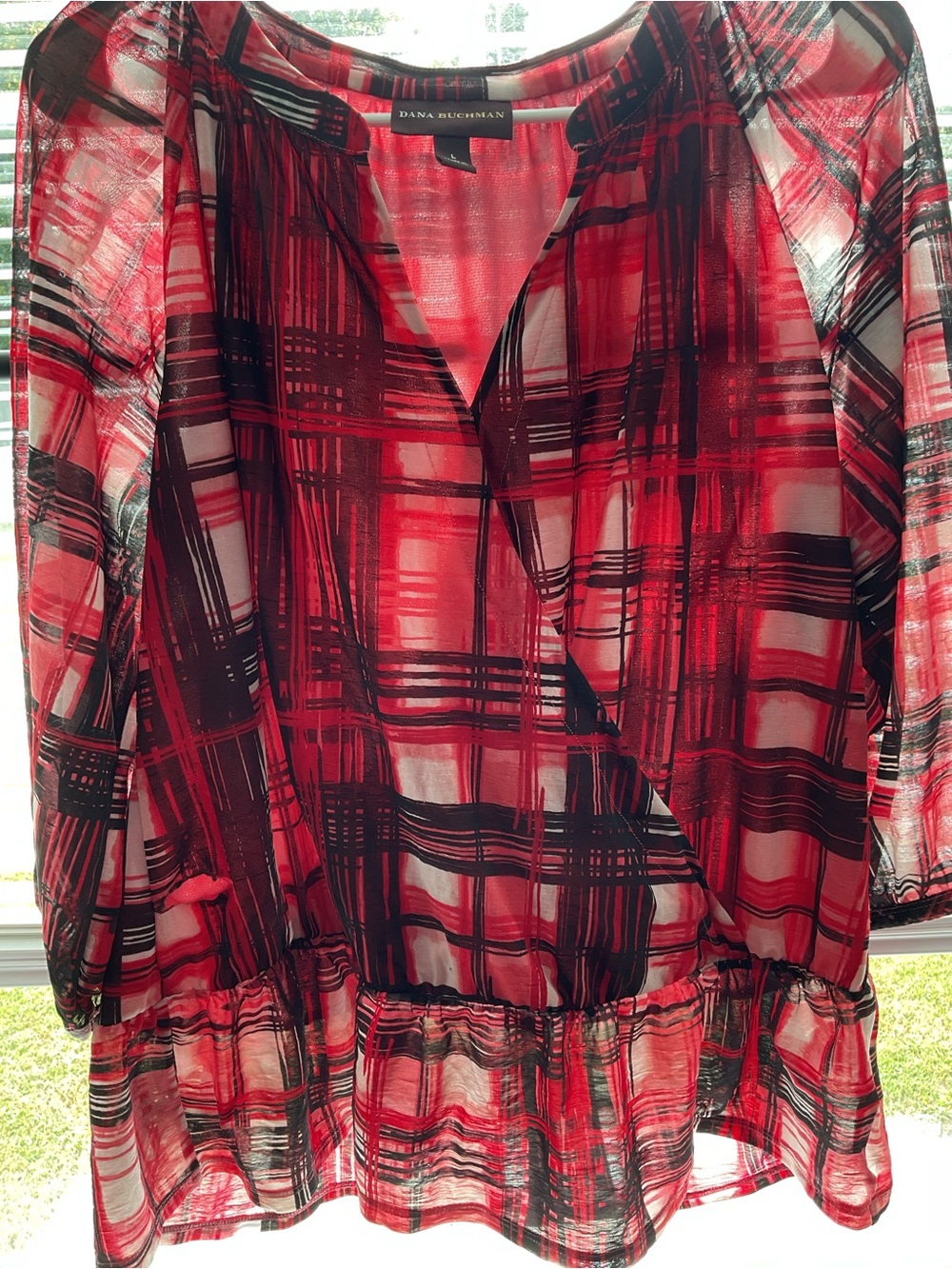 Dana Buchman Red Plaid Semi-Sheer Peasant Blouse